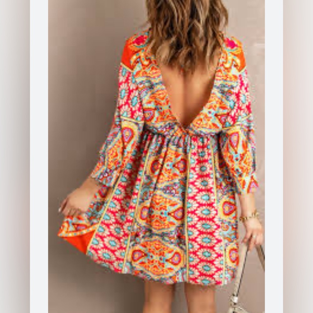 Multicolor V Neck 3/4 Sleeve Bohemian Vintage Print Mini Summer Dress Size Small